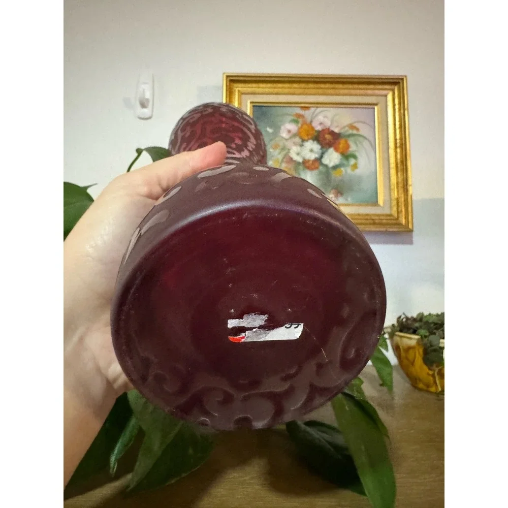 Vintage Cased‎ Ruby Red Frosted Glass Art Glass Vase - Tall Christmas